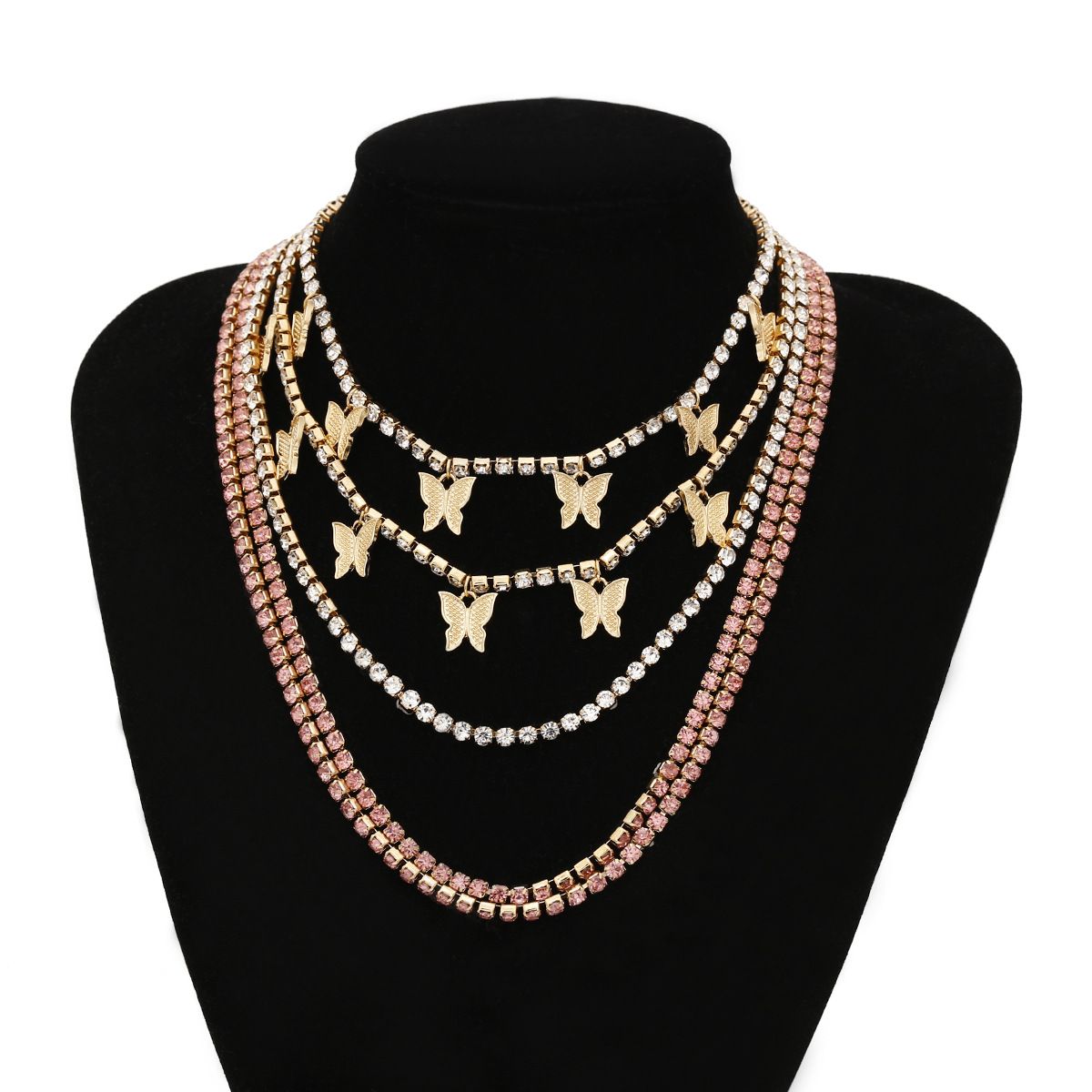 European and American cross-border jewelry, light luxury full diamond chain, multi-layer necklace, fashionable street style, diamond-encrusted butterfly necklace for women detail image 1