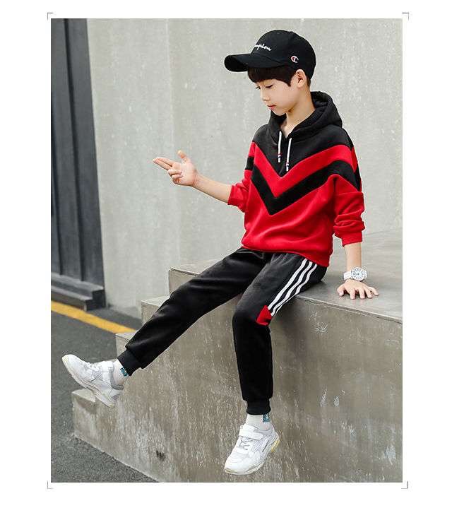 Children's clothing for boys, velvet set, autumn and winter hoodie, thickened and fleece, two-piece set for middle and large children, 2020 new Korean style, trendy undefined