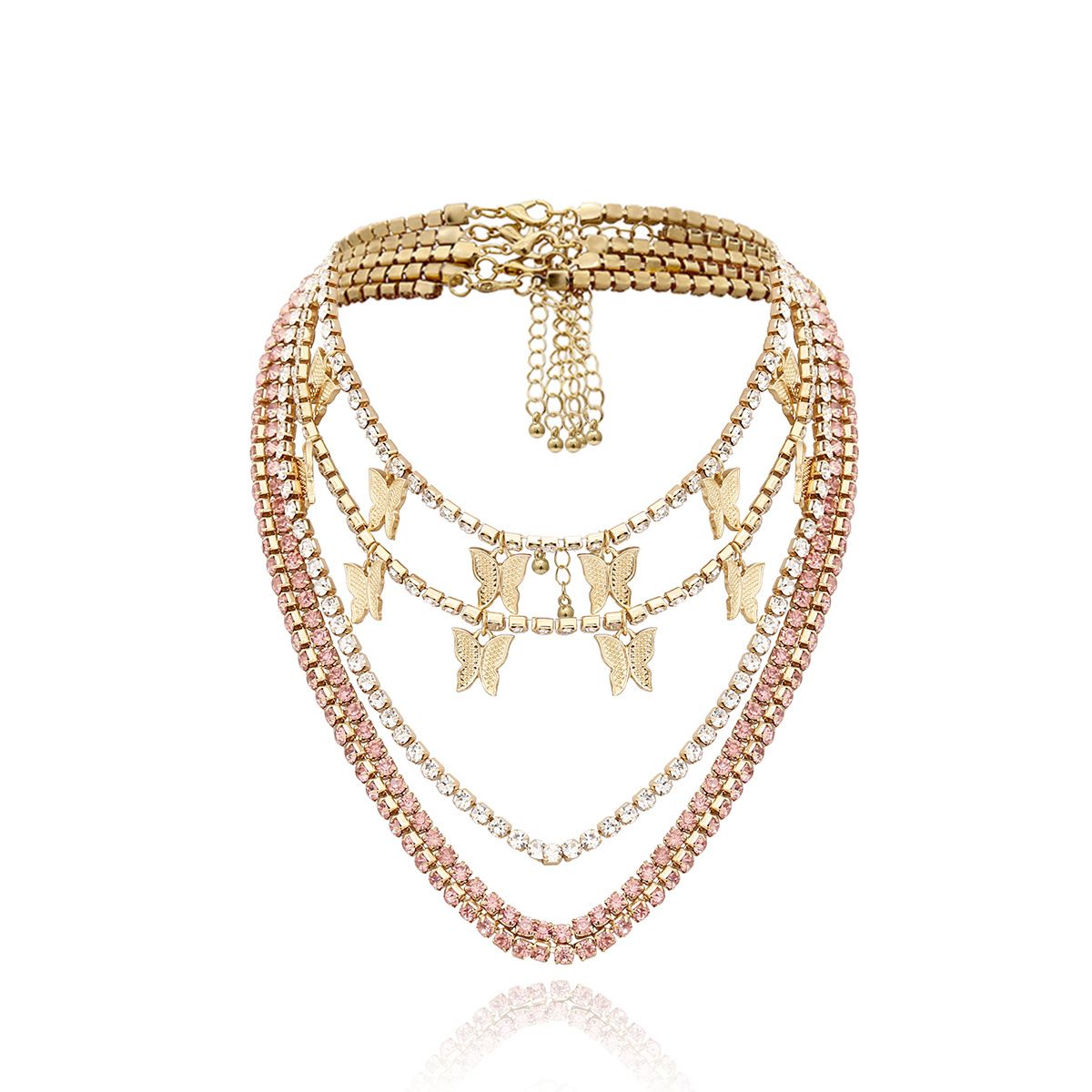 European and American cross-border jewelry, light luxury full diamond chain, multi-layer necklace, fashionable street style, diamond-encrusted butterfly necklace for women details Picture