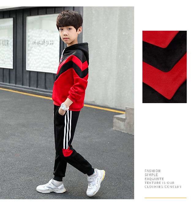 Children's clothing for boys, velvet set, autumn and winter hoodie, thickened and fleece, two-piece set for middle and large children, 2020 new Korean style, trendy undefined