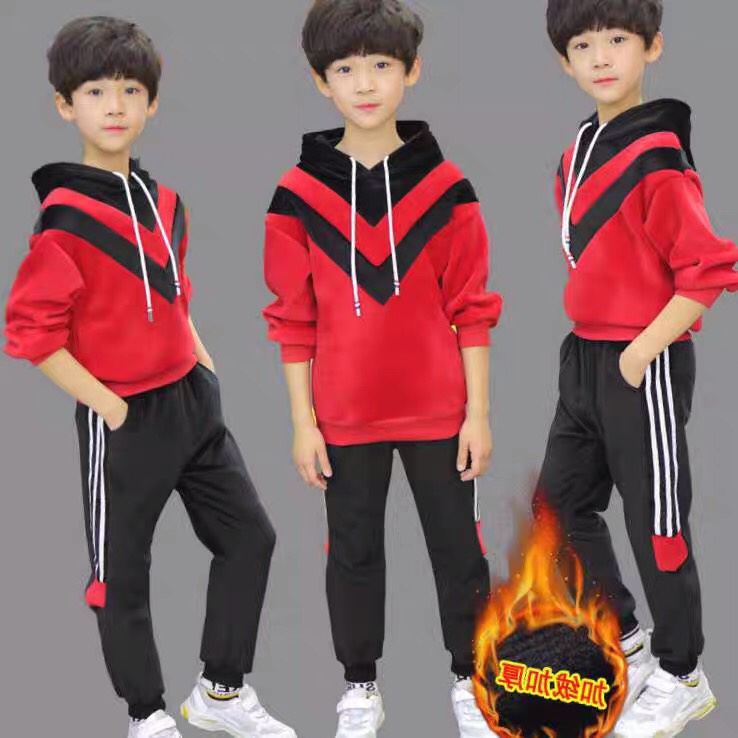 Children's clothing for boys, velvet set, autumn and winter hoodie, thickened and fleece, two-piece set for middle and large children, 2020 new Korean style, trendy Specification drawing