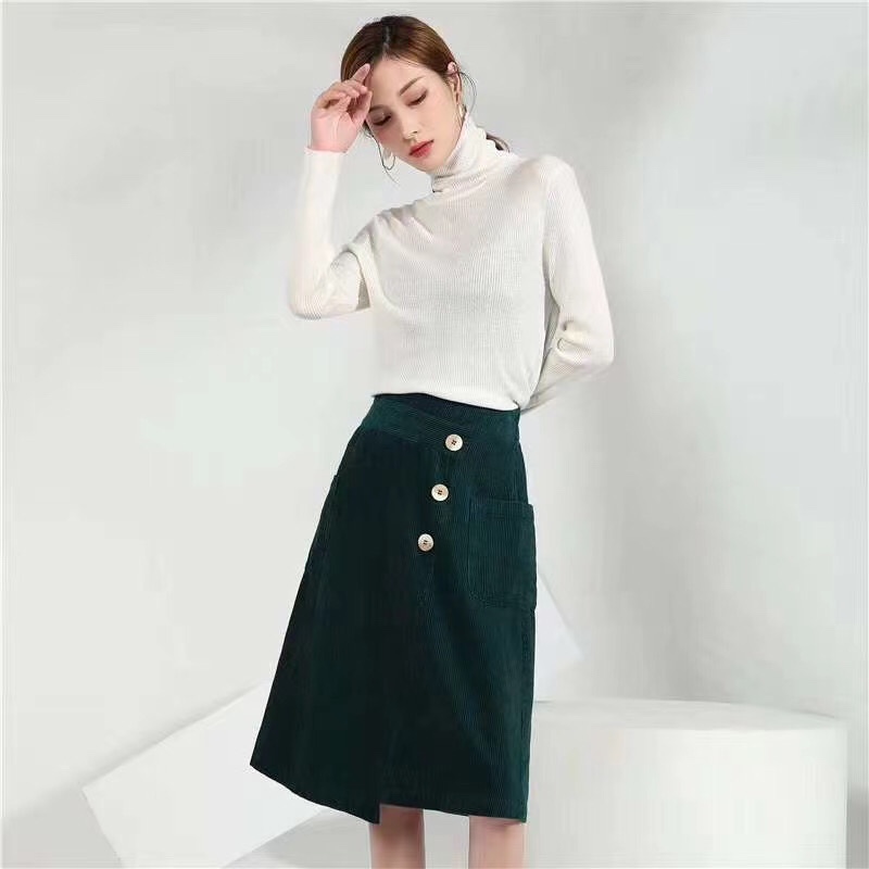 Jimmy Seio 2020 autumn dark green corduroy one-step skirt details Picture