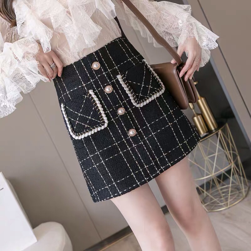 小香风粗花毛呢半身裙女2020秋冬季高腰格子A字裙防走光包臀短裙详情图4