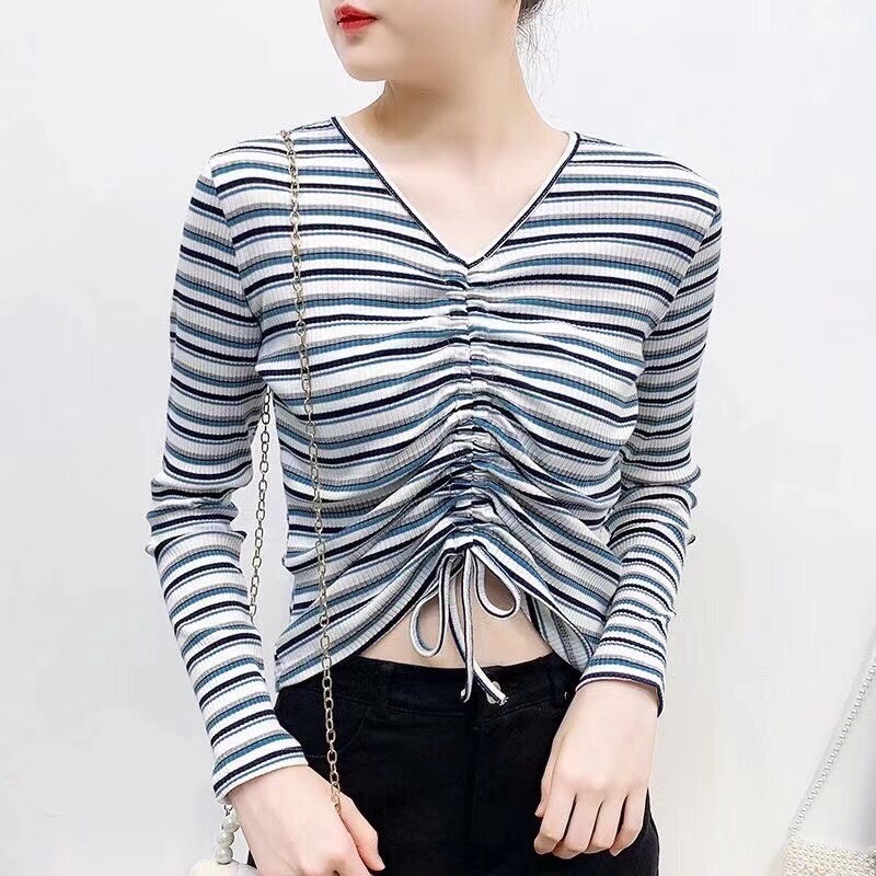 Long-sleeved T-shirt for women, new autumn 2024 fashion, slimming and scheming, collarbone drawstring, rainbow striped V-neck short top Application Scenario