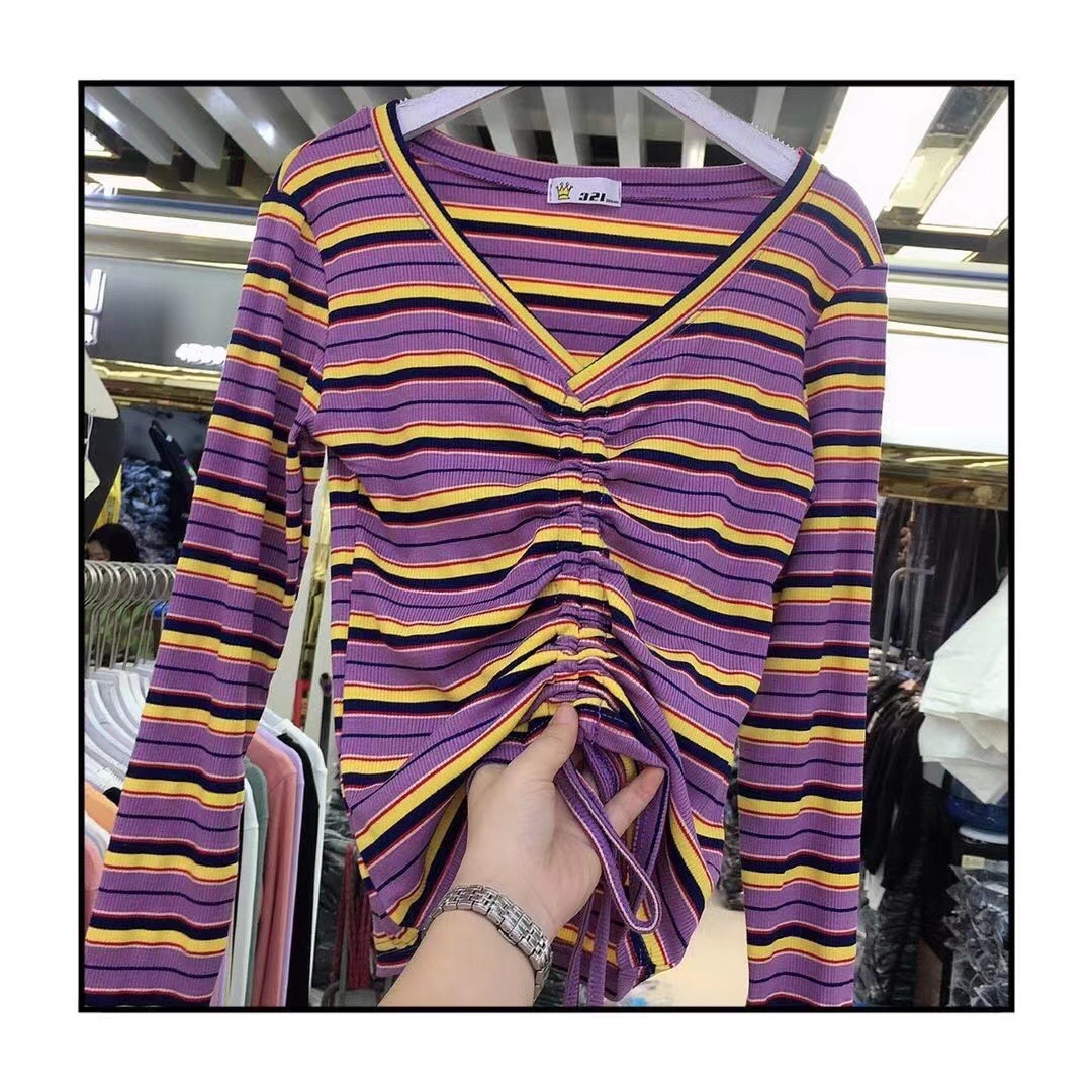 Long-sleeved T-shirt for women, new autumn 2024 fashion, slimming and scheming, collarbone drawstring, rainbow striped V-neck short top Specification drawing