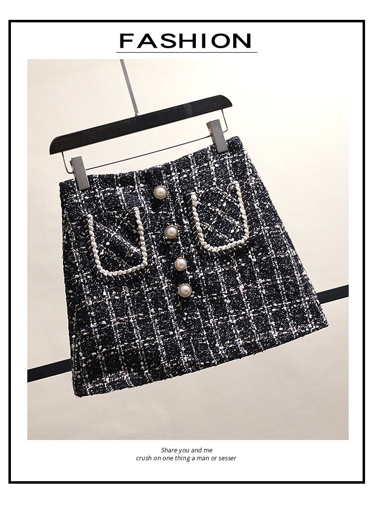 小香风粗花毛呢半身裙女2020秋冬季高腰格子A字裙防走光包臀短裙产品图