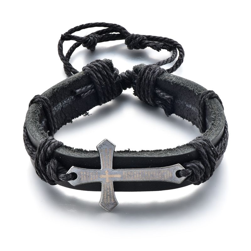 Retro men's alloy cross cowhide bracelet, simple woven genuine leather bracelet