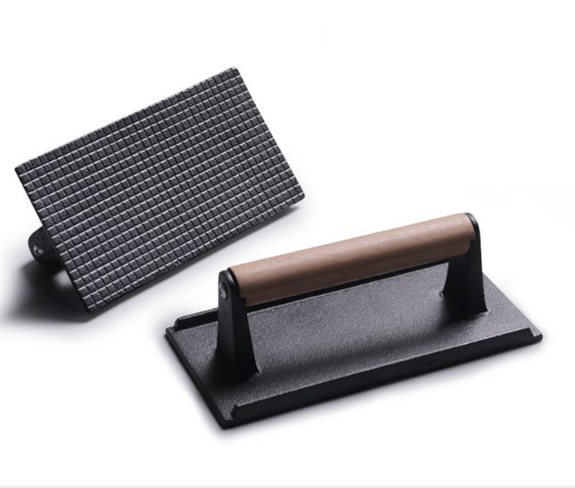 Cast iron press plate rectangular uncoated check pattern cast iron plate uncoated barbecue plate steak press plate beech wood handle