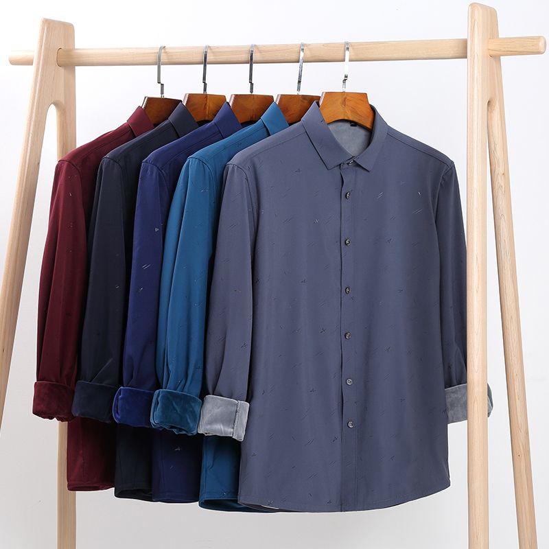 2020 Autumn/Winter new style faux men long-sleeved warm two-piece shirt with fleece and thickened base for business casual men's shirts Specification image