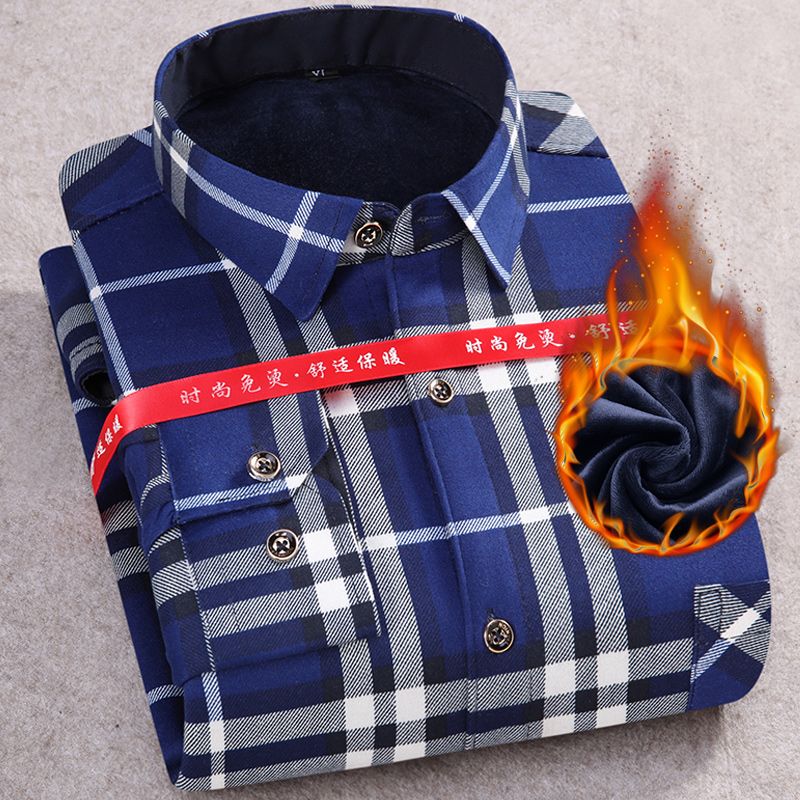 冬季保暖加绒加厚衬衫男宽松加大码长袖中老年装衬衣男图