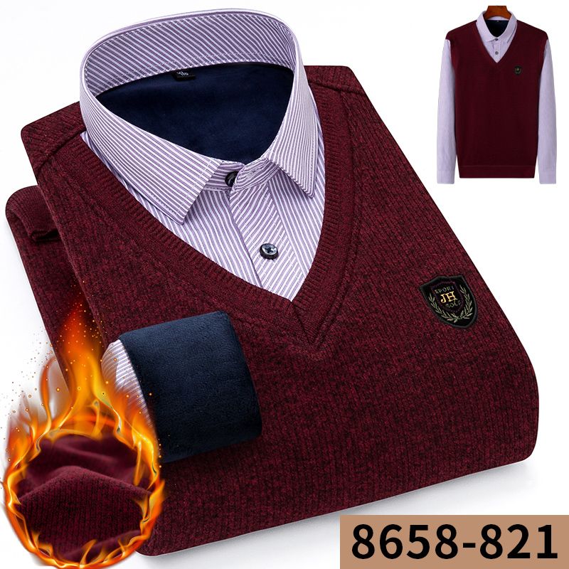 2020新款男士保暖衬衫加绒加厚商务休闲宽松格子衬衣假两件中年男