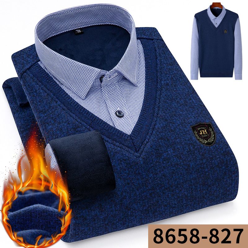 Two pieces of 2020 new men's warm shirts with fleece and thickened business casual loose checked shirts for middle-aged men Item Picture