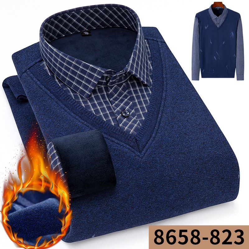 Two pieces of 2020 new men's warm shirts with fleece and thickened business casual loose checked shirts for middle-aged men details Picture