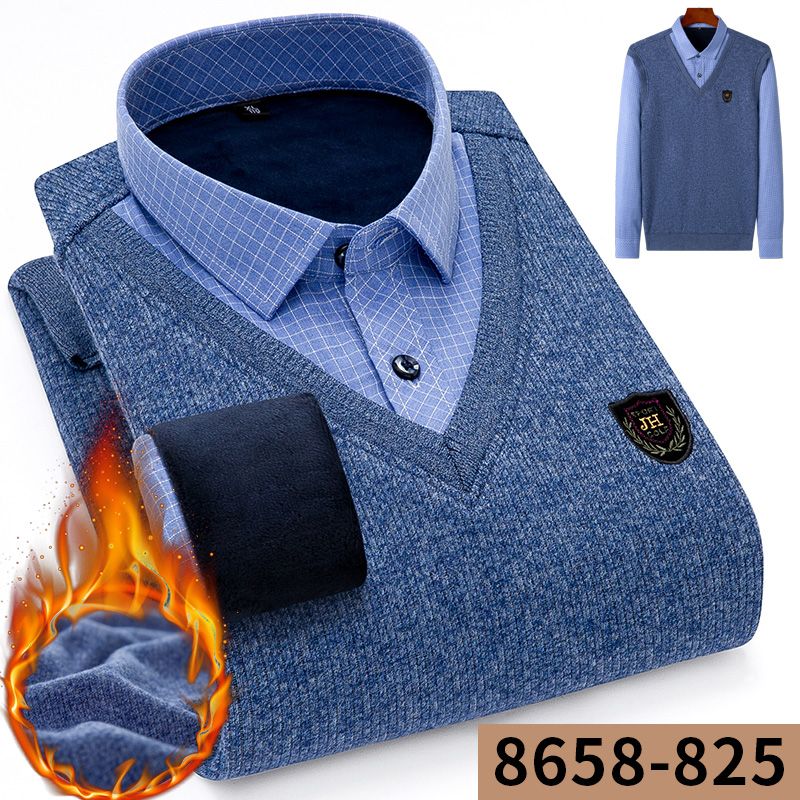 Two pieces of 2020 new men's warm shirts with fleece and thickened business casual loose checked shirts for middle-aged men Specification image