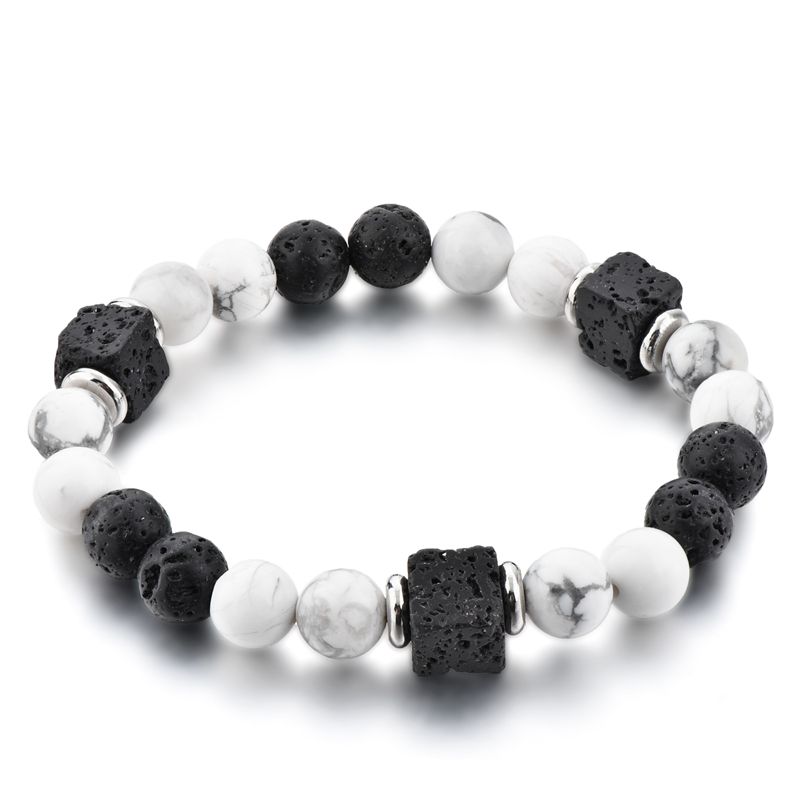 Square volcanic stone white pine bracelet, a fashionable black and white couple's bracelet in Europe and America