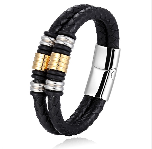 European and American best-selling woven bracelet, double-layer genuine leather stainless steel bracelet for men and women details Picture