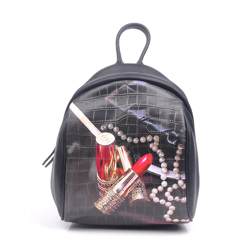 SM243女士双肩包PU皮黑色口红