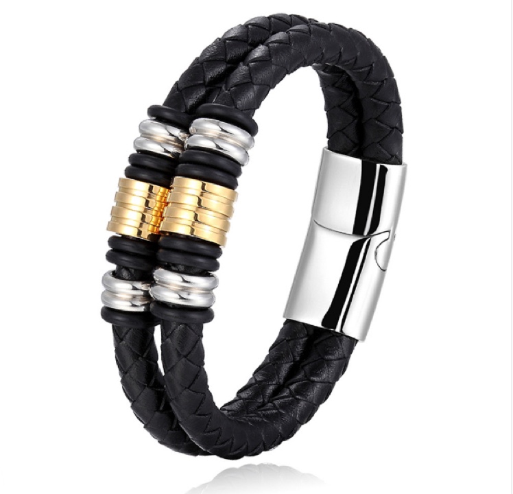 European and American best-selling woven bracelet, double-layer genuine leather stainless steel bracelet for men and women