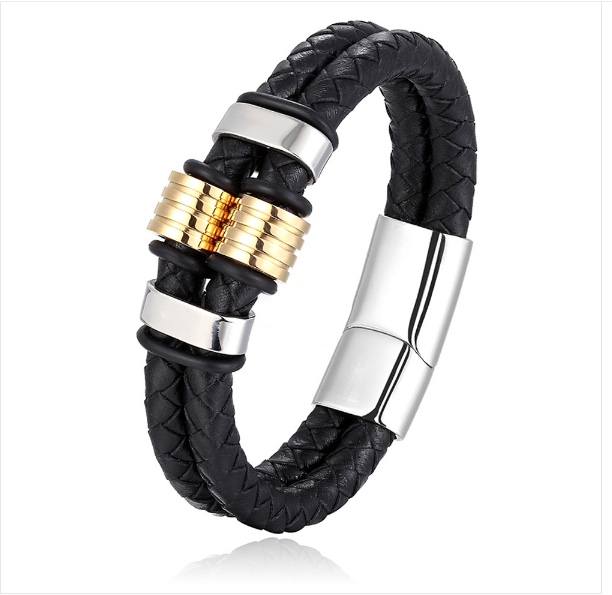 European and American best-selling woven bracelet, double-layer genuine leather stainless steel bracelet for men and women Specification image