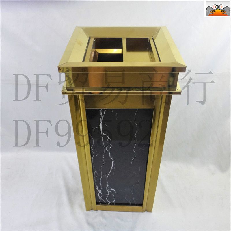 DF99592   四菱角钛金黑金花上开口大堂垃圾桶 不锈钢大号仿大理石垃圾桶     DF TRADING HOUSE