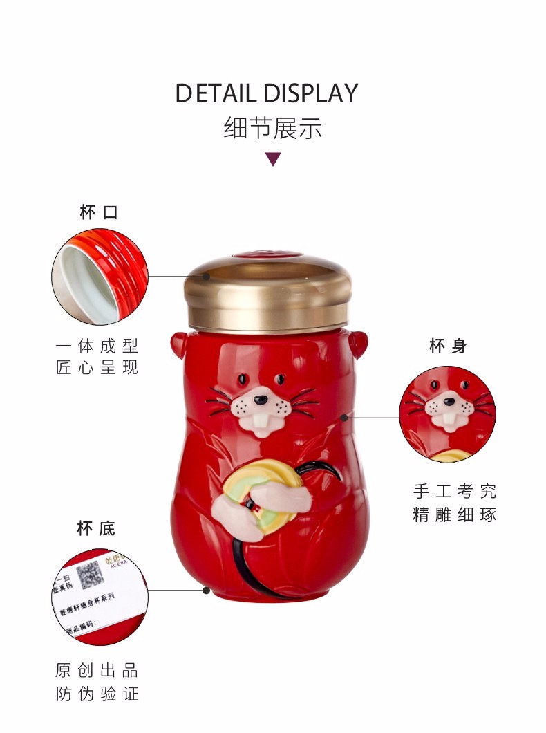 【 Gan Tang Xuan 】 Live Porcelain Lucky Rat Ceramic Cup Portable Water Cup 360ml Single-layer detail image 7