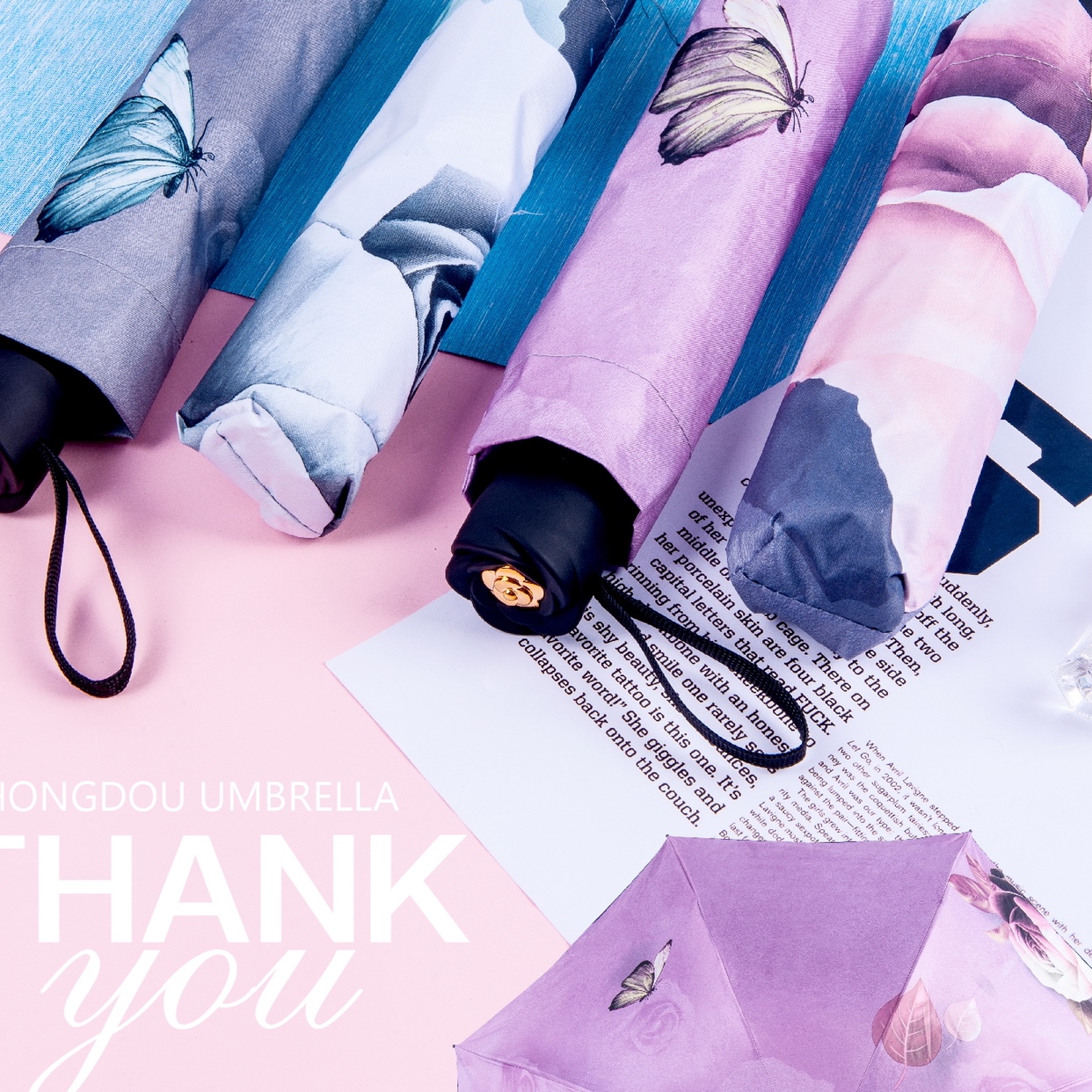 三折玫瑰花黑胶伞图