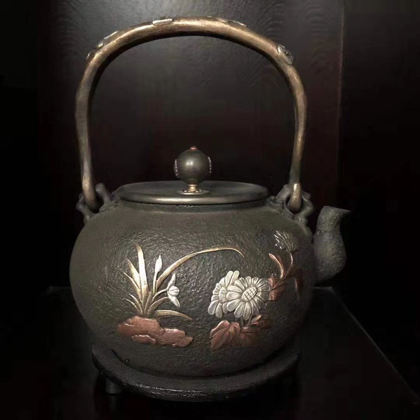镶嵌定制款老铁壶搪瓷茶具高档礼盒套装铜盖铜把铸铁茶壶养生壶日本铁壶图