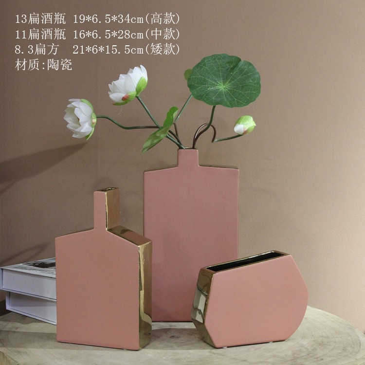 Matte frosted high-end creative Nordic light luxury Morandi color ceramic vase, electroplated gold hydroponic dried flower vase detail image 2