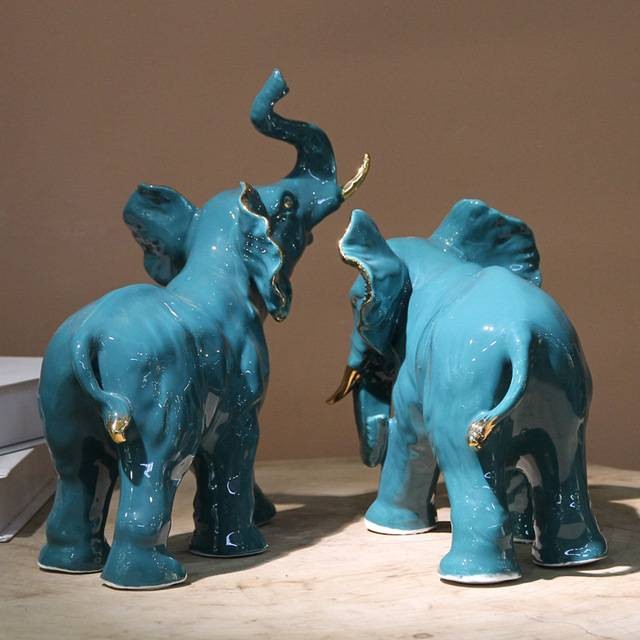 Creative modern ceramic elephant ornaments, simple home animal decorations, dark green and gilded auspicious elephant ornaments detail image 5
