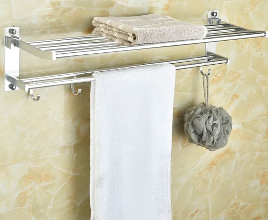 Space aluminum double-layer folding activity towel rack, bathroom bath towel rack, bathroom storage rack, no need for drilling