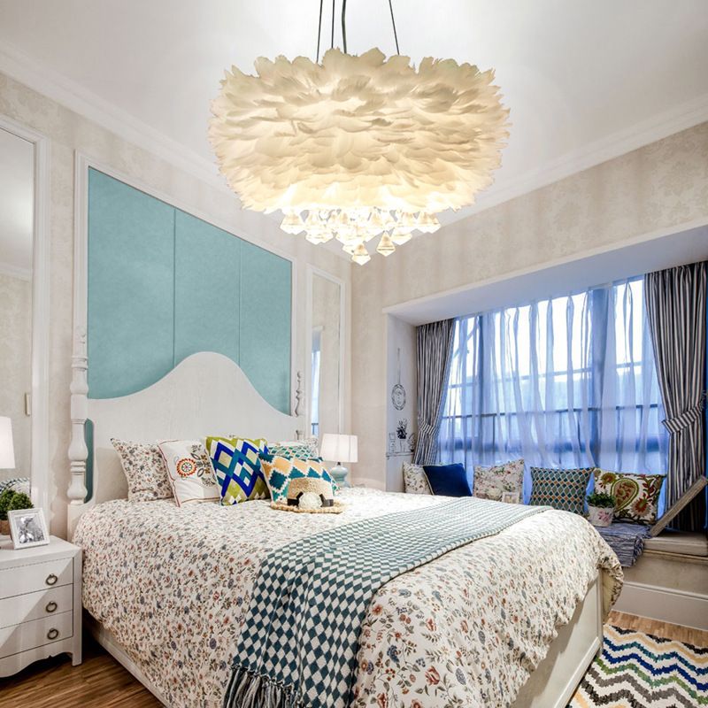 Nordic modern simple American pure handmade bedroom personality crystal lamp feather chandelier princess dream bedroom chandelier