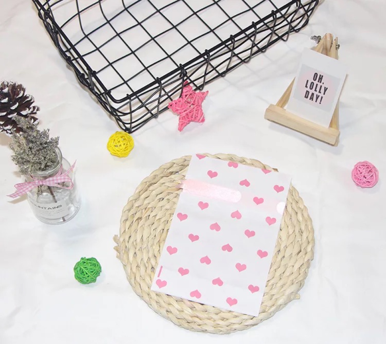 12*17 drawstring bags - pink hearts, 50 bags per pack