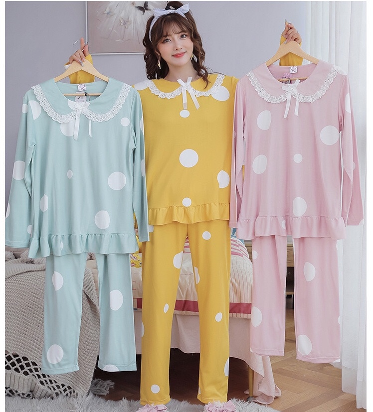 2020's best-selling autumn new Korean-style fashionable pajamas, trendy women's wear loose round-neck long-sleeved pullover, cartoon animal large polka dot pajamas set detail image 1