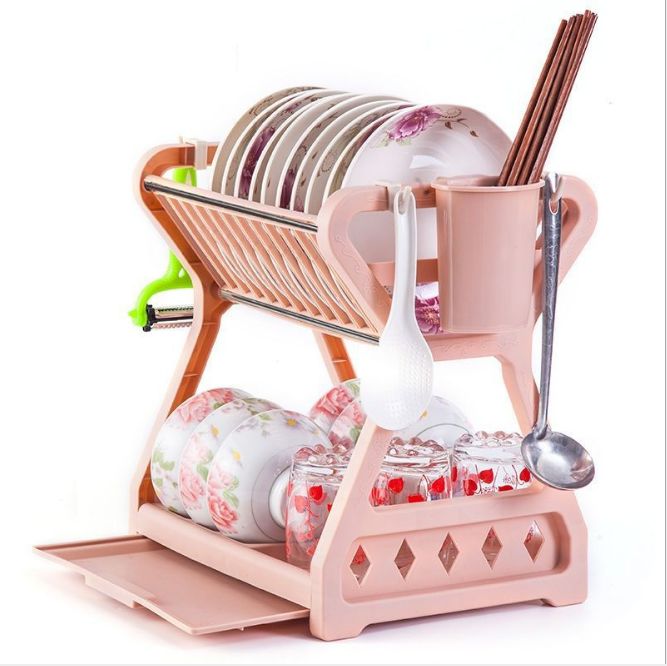 Double deck kitchen supplies shelf plastic bowl shelf dishware shelf chopsticks storage box