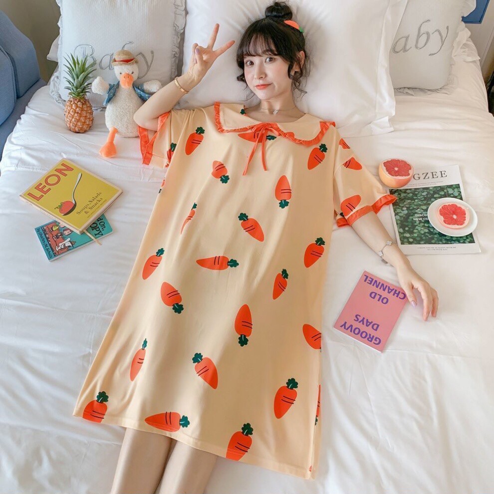 The new summer sleeping dress is a must-have hit. It's a carrot sleeping dress for women. It's a short-sleeved summer dress for female students. It's a Korean cartoon princess style. It's cute and loose. It's a large-sized pajama dress for women and home wear detail image 1