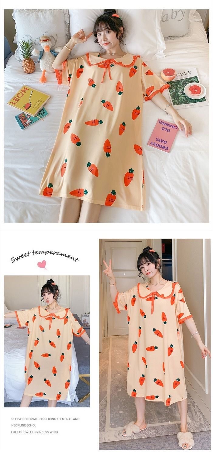 The new summer sleeping dress is a must-have hit. It's a carrot sleeping dress for women. It's a short-sleeved summer dress for female students. It's a Korean cartoon princess style. It's cute and loose. It's a large-sized pajama dress for women and home wear detail image 3