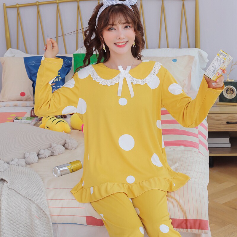 2020's best-selling autumn new Korean-style fashionable pajamas, trendy women's wear loose round-neck long-sleeved pullover, cartoon animal large polka dot pajamas set detail image 3