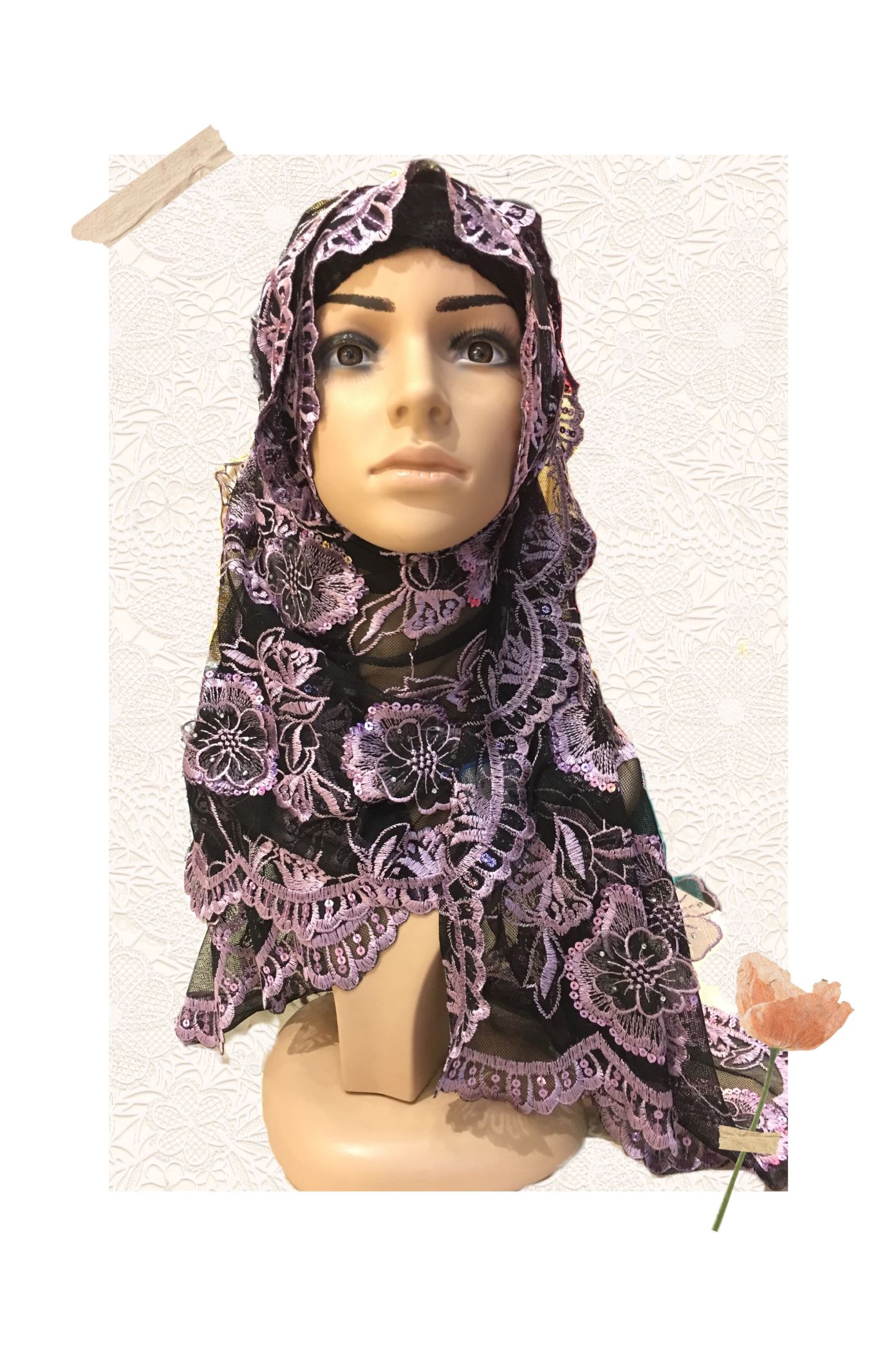 Black mesh cloth purple thread embroidered three-dimensional long scarf shawl scarf