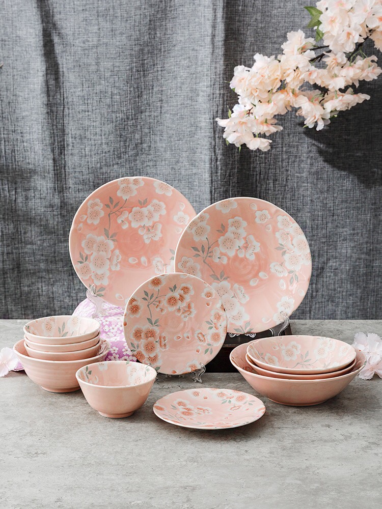 8.7-inch pink deep plate of Japanese imported Mino yakiniku and Manwu Cherry blossoms detail image 1