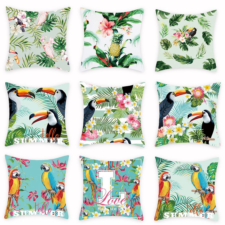 Tropical plant Beared bird series digital printing pillow trade new Amazon car cushion to customize