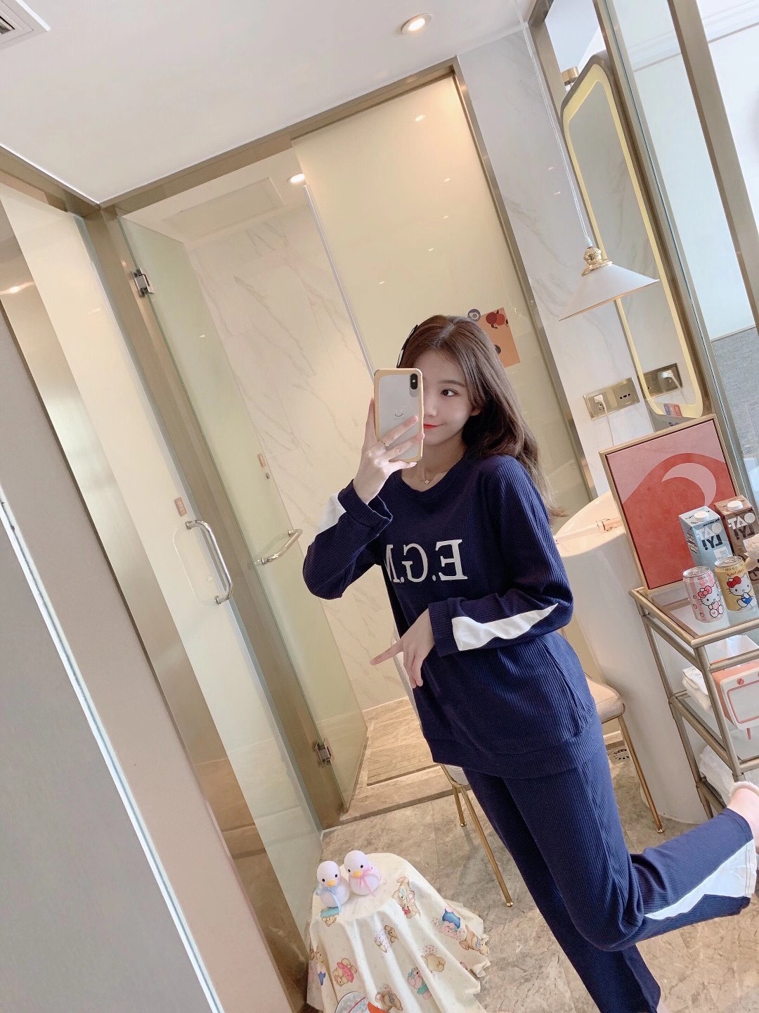 Spring and autumn new Korean-style fashionable casual pajama sets, home wear, long-sleeved pajamas, EGM letter cute fairy pajamas details Picture