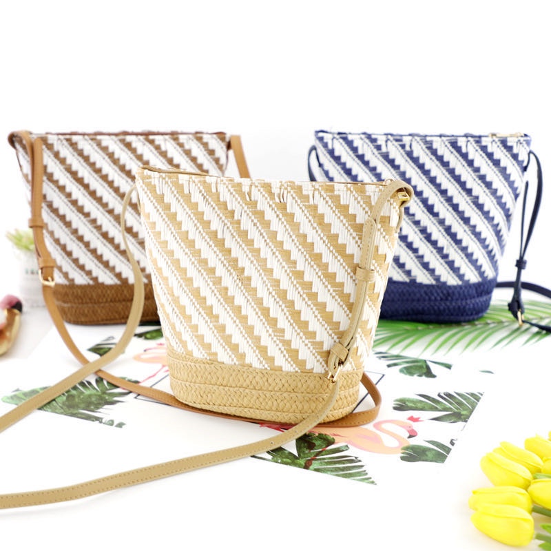 Striped bucket bag, single-shoulder straw woven bag