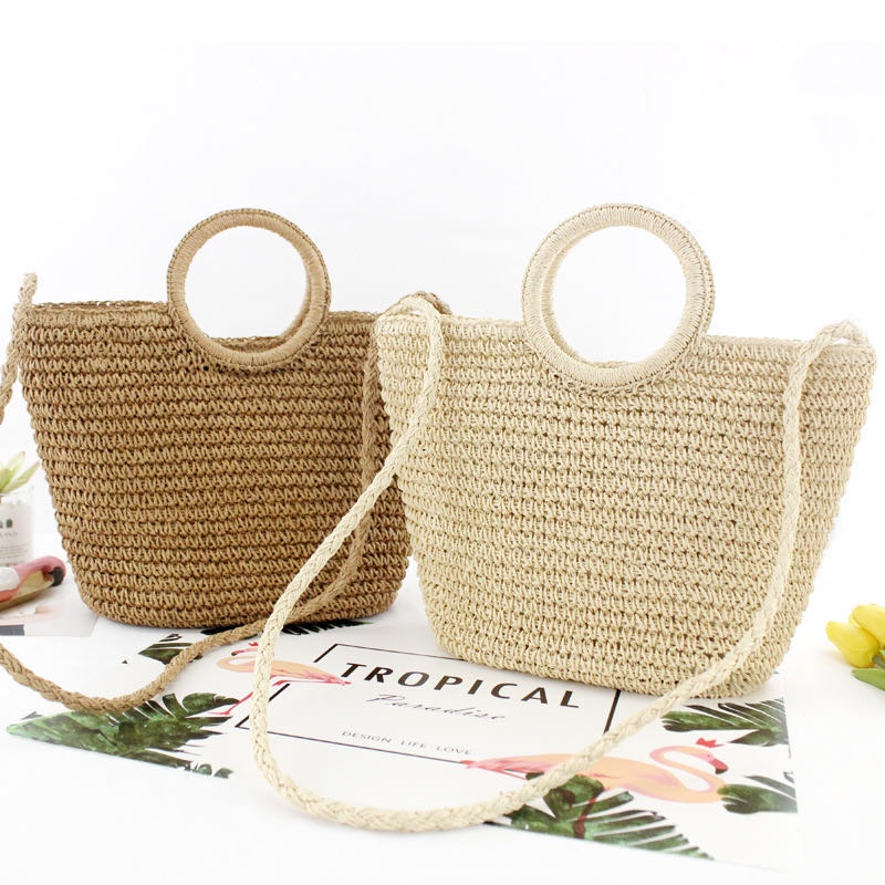 Round concave mouth straw woven bag, single-shoulder casual woven bag