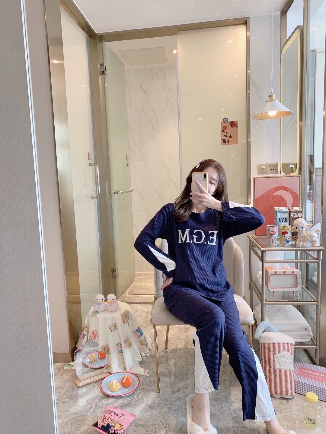 Spring and autumn new Korean-style fashionable casual pajama sets, home wear, long-sleeved pajamas, EGM letter cute fairy pajamas detail image 6