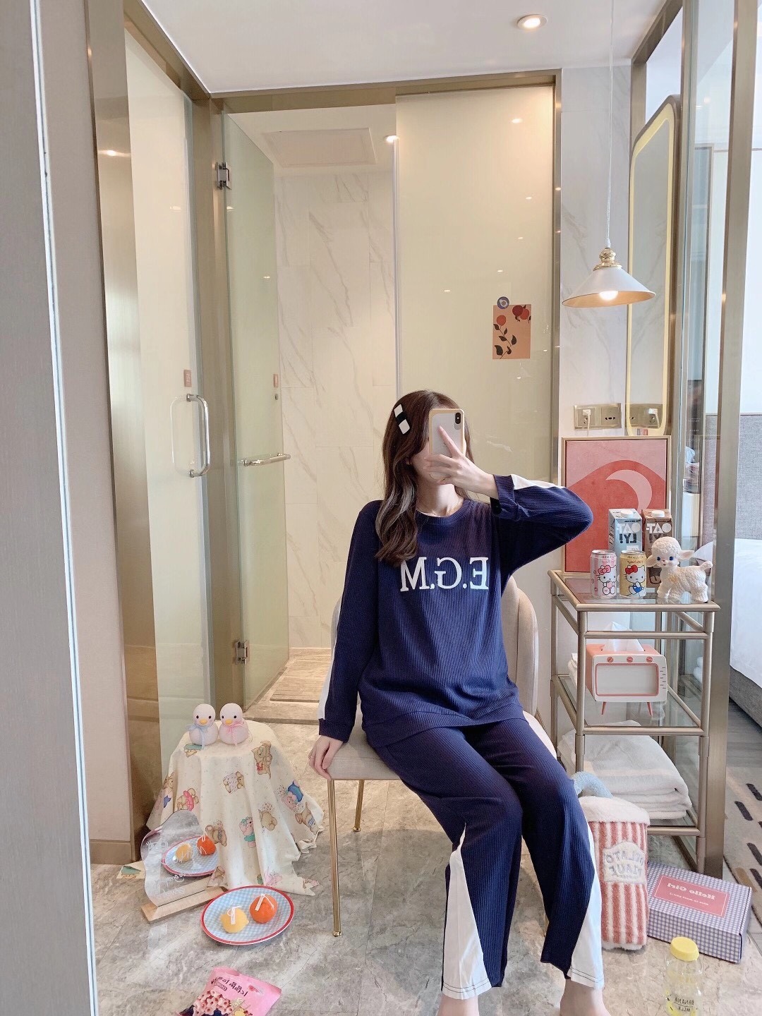 Spring and autumn new Korean-style fashionable casual pajama sets, home wear, long-sleeved pajamas, EGM letter cute fairy pajamas Item Picture