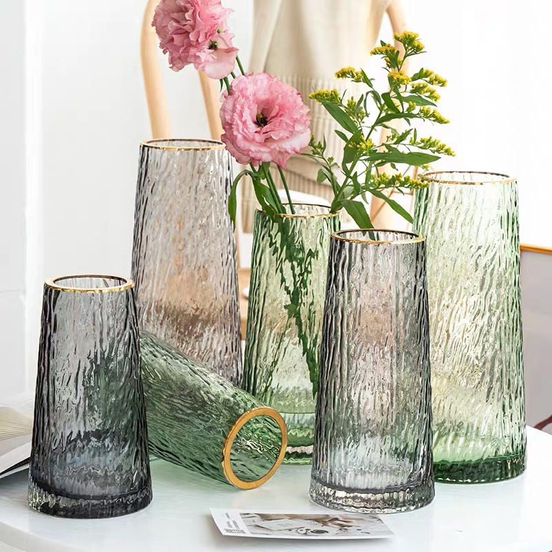 北欧ins轻奢玻璃花瓶描金彩色冷纹百合鲜花干花插花瓶客厅摆件图