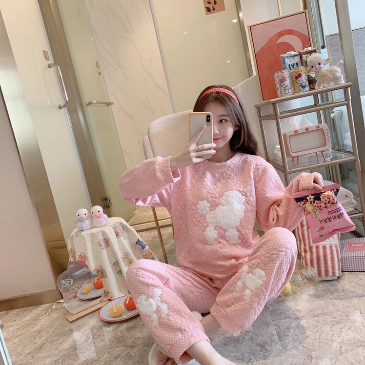 New Korean style fashionable casual set for autumn and winter, warm cartoon dog pajama set for home ladies, air cotton