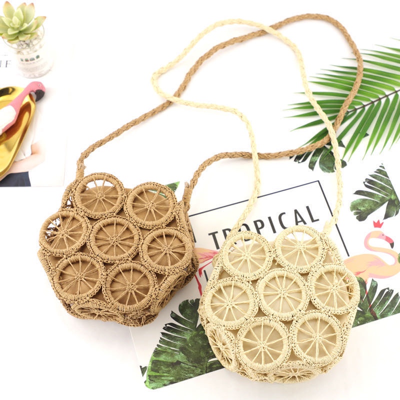 Circular perforated paper rope woven bag with diagonal cross straw woven bag