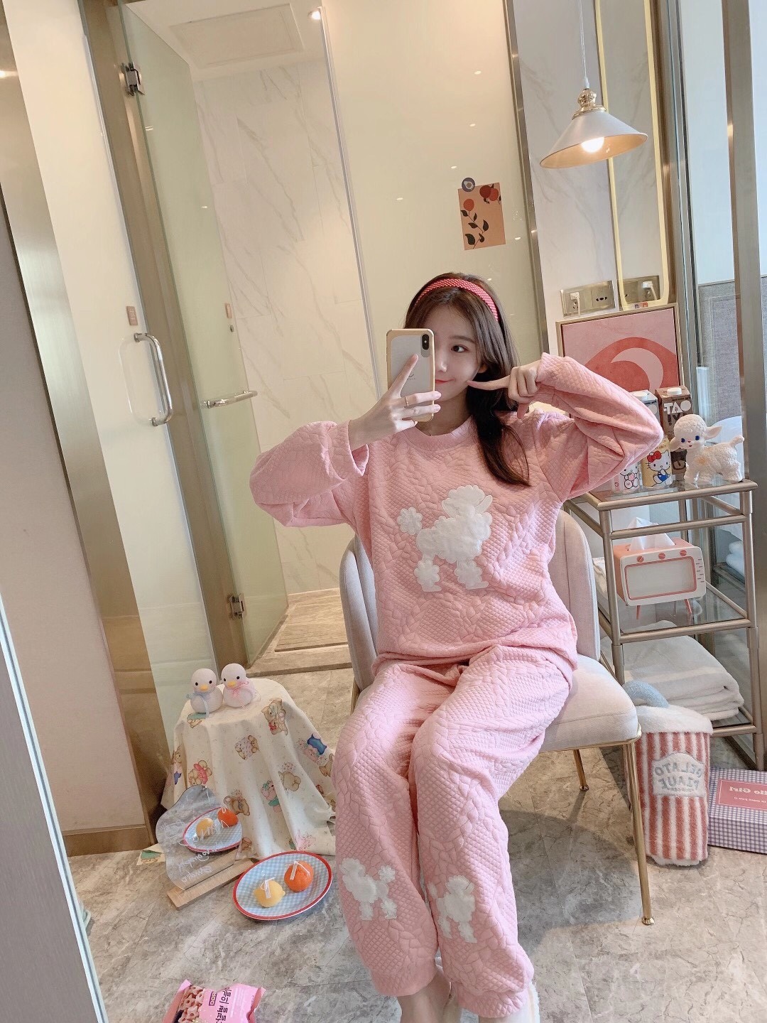 秋冬季新款韩版时尚休闲套装居家女士保暖卡通小狗睡衣套装空气棉细节图