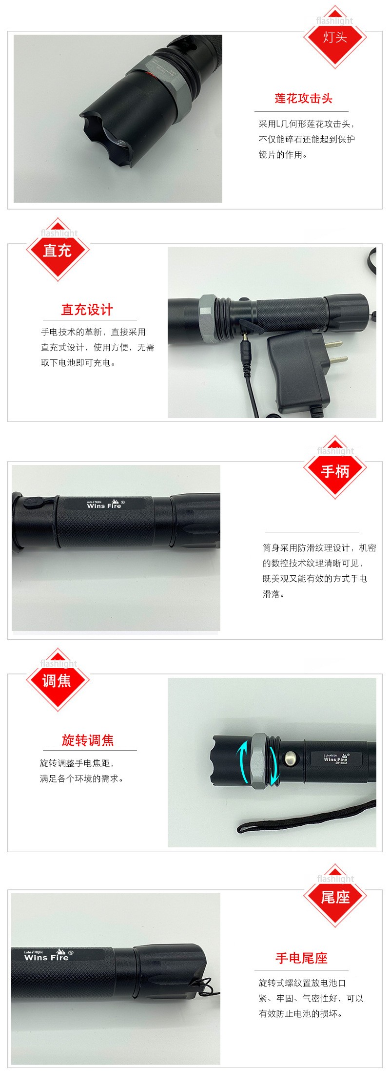 多功能强光手电筒LED充电调焦手电筒户外家用铝合金三档照明手电详情图4